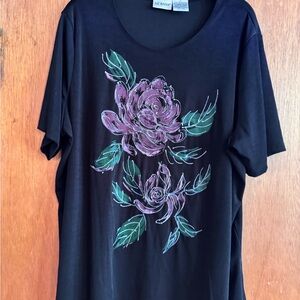 Liz Baker Black Graphic Top short sleeve Relaxed Fit poly spandex blend Sz 2X